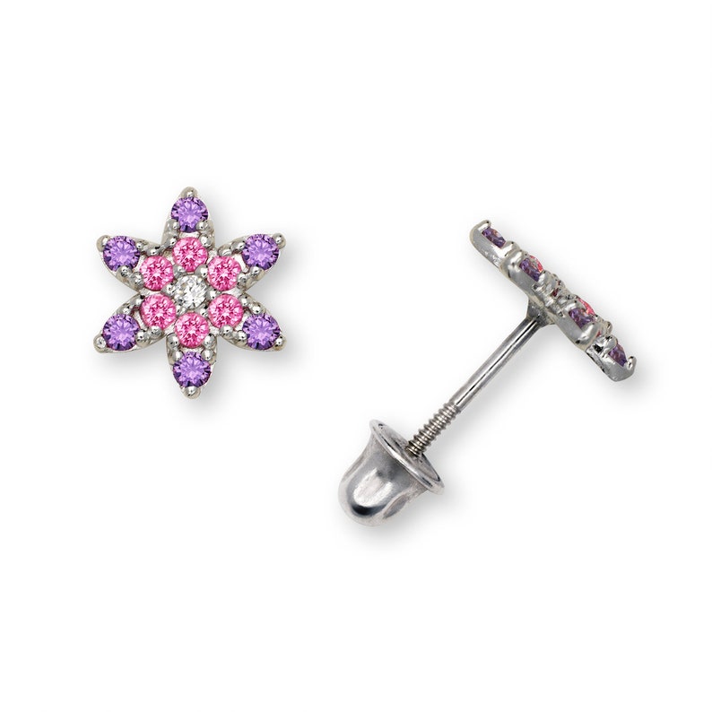 Elaborate 14K Flower Stud Earrings with Screwback and Cubic Zirconia Yellow and White Gold