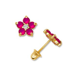 Delightful 14K Solid Gold Flower Stud Earrings with Birthstone Cubic Zirconia - Yellow and White Gold - Birthstone Gemstone - SOLD BY PAIRS