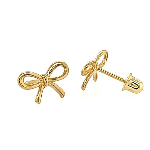 14K Solid Gold Bow Stud Earrings With Screwback Yellow Etsy