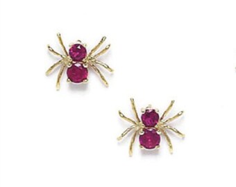 Gothic Solid 14K Gold Spider Stud Earrings with Red Cubic Zirconia - SOLD BY PAIRS