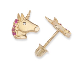 Adorable 14K Solid Gold Unicorn Stud Earrings for Kids- Horse Unicorn Earrings - 14k Solid Gold Cubic Zirconia Stud Earrings - SOLD BY PAIRS