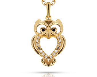 Solid 14K Gold Owl Pendant with Cubic Zirconia Solid 14k Yellow and White Gold