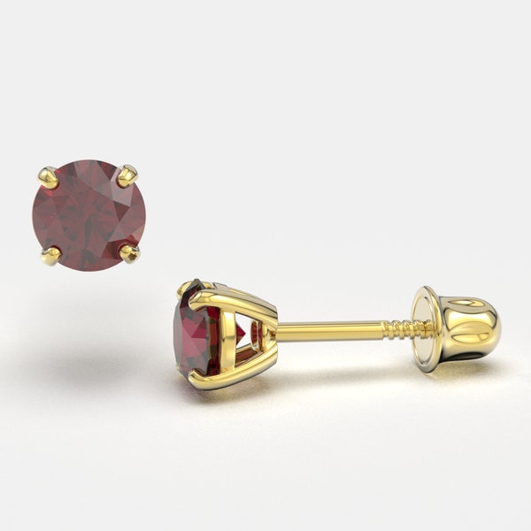 Classic Solid 14K Gold Red Cubic Zirconia Stud Earrings with Screw Backs - January birthstone - 2.5mm to 6mm - SOLD BY PAIRS