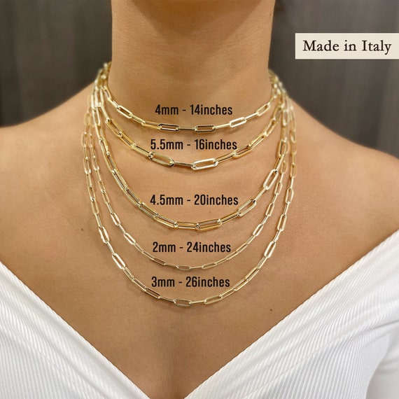 Paperclip Chain Necklace In 14K Solid Yellow Gold, 16 18 20 24 Len –  Marina M Jewelry