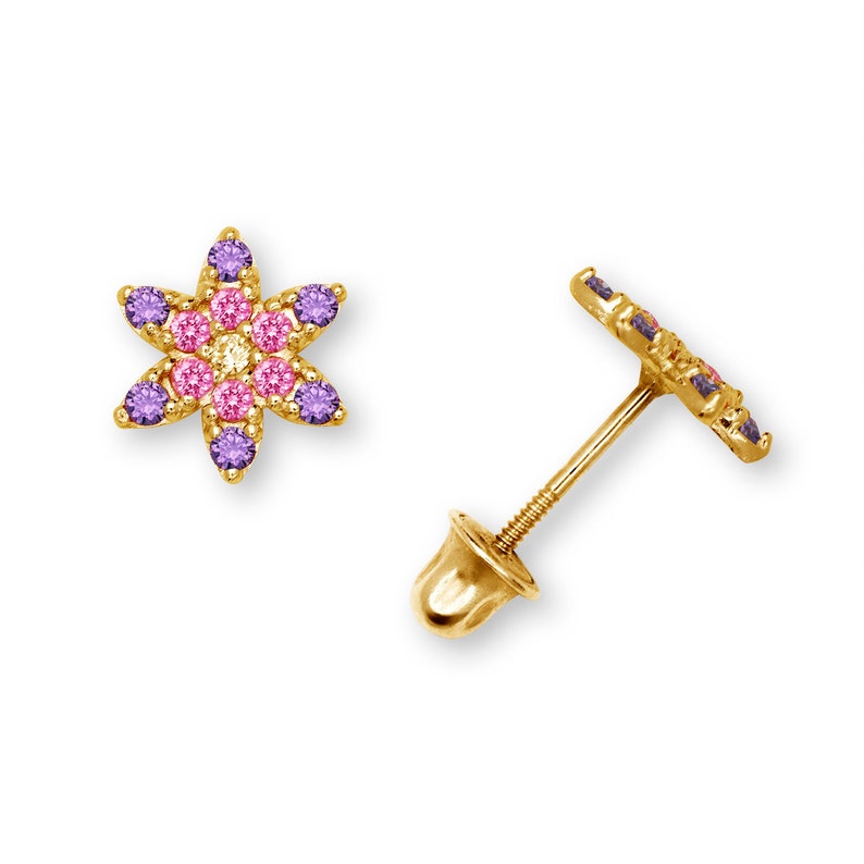 Elaborate 14K Flower Stud Earrings with Screwback and Cubic Zirconia Yellow and White Gold