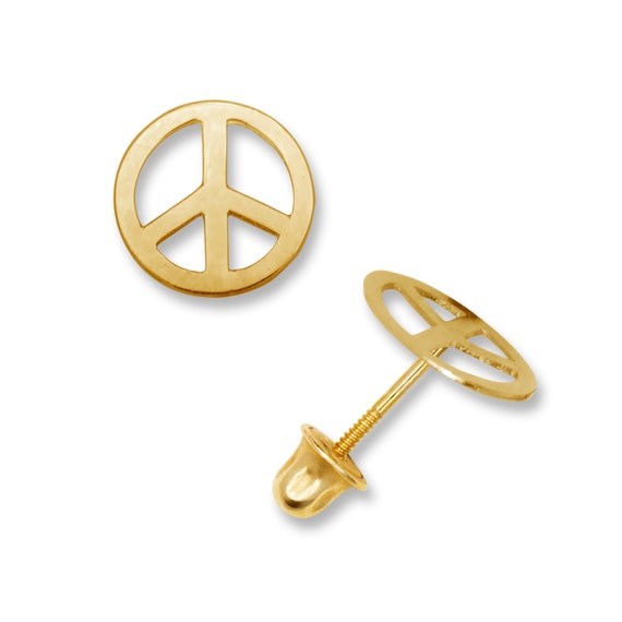 Classic 14K Peace Sign Stud Earrings Solid 14k Yellow and White