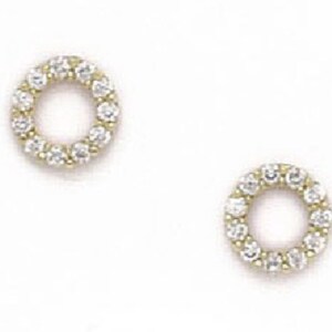 Delicate Open Circle Stud Earrings with Encrusted Cubic Zirconia in Solid 14K Gold - Screw Back - SOLD BY PAIRS