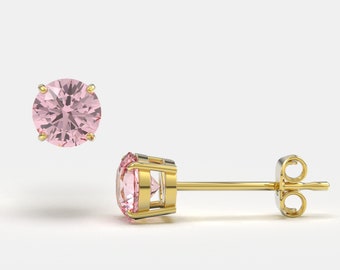 Classic October Birthstone Studs, Pink Cubic Zirconia, Circle Cut, Solid 14K Yellow Gold, Basket Set - 3mm to 6mm - SOLD BY PAIRS