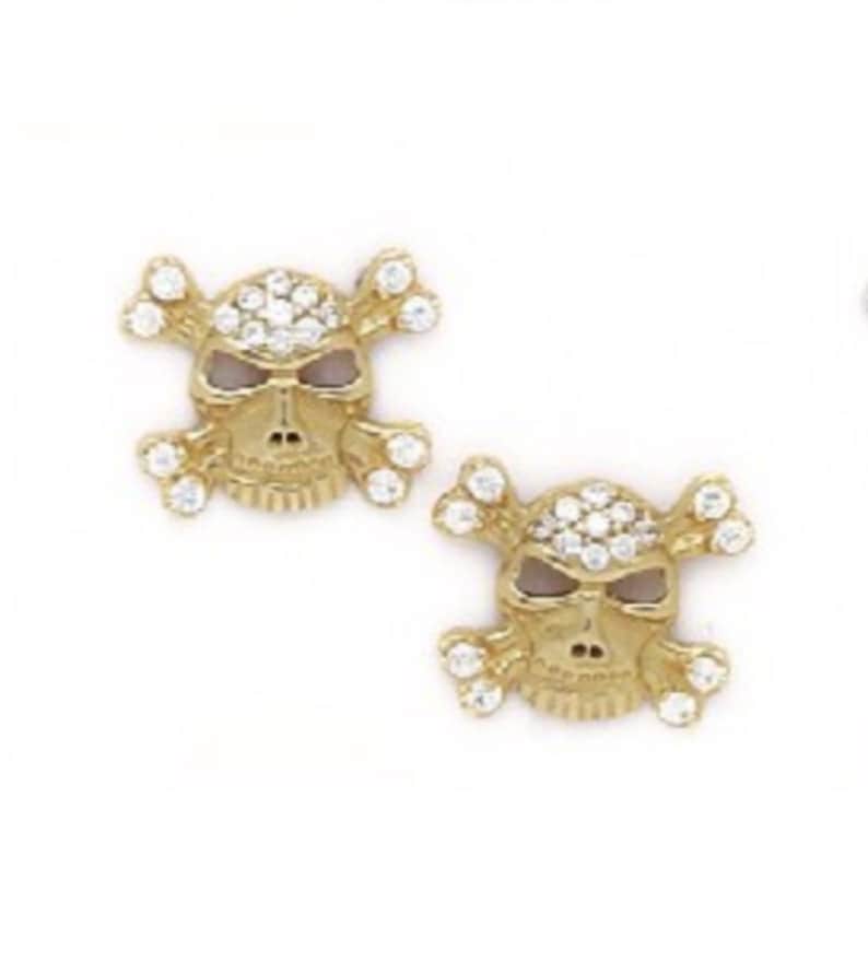 Classic Solid 14K Gold Skull Stud Earrings with Round Cut Cubic Zirconia