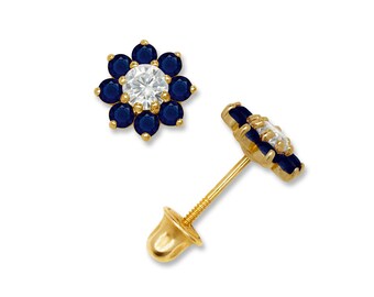 Elegant 14K Birthstone Flower Stud Earrings with Screwback and Cubic Zirconia - 14K Solid Yellow and White Gold - SOLD BY PAIRS