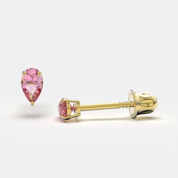 Baby Girls' Pink 4 Prong CZ Solitaire Screw Back 14K Gold Earrings - 3mm - in Season Jewelry