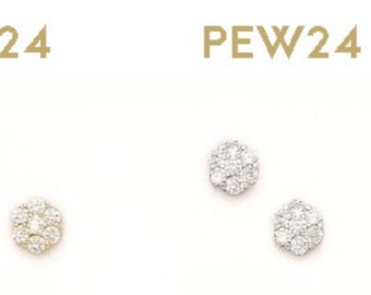 Delicate 7 Piece Cubic Zirconia Stud Earrings - Solid 14k Yellow and White Gold - Multiple Sizes - SOLD BY PAIRS