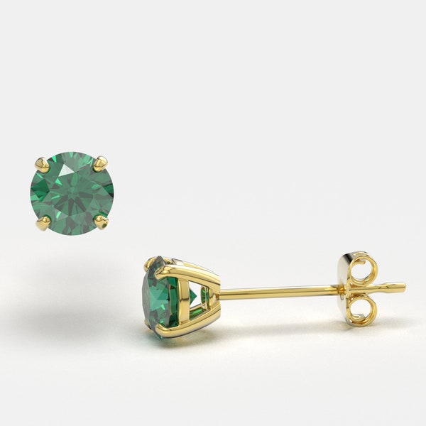 Classic May Birthstone - Green Round Cut Earrings, Solid 14k Prong Set - Emerald Stud Earrings - 3mm to 6mm - SOLD BY PAIRS