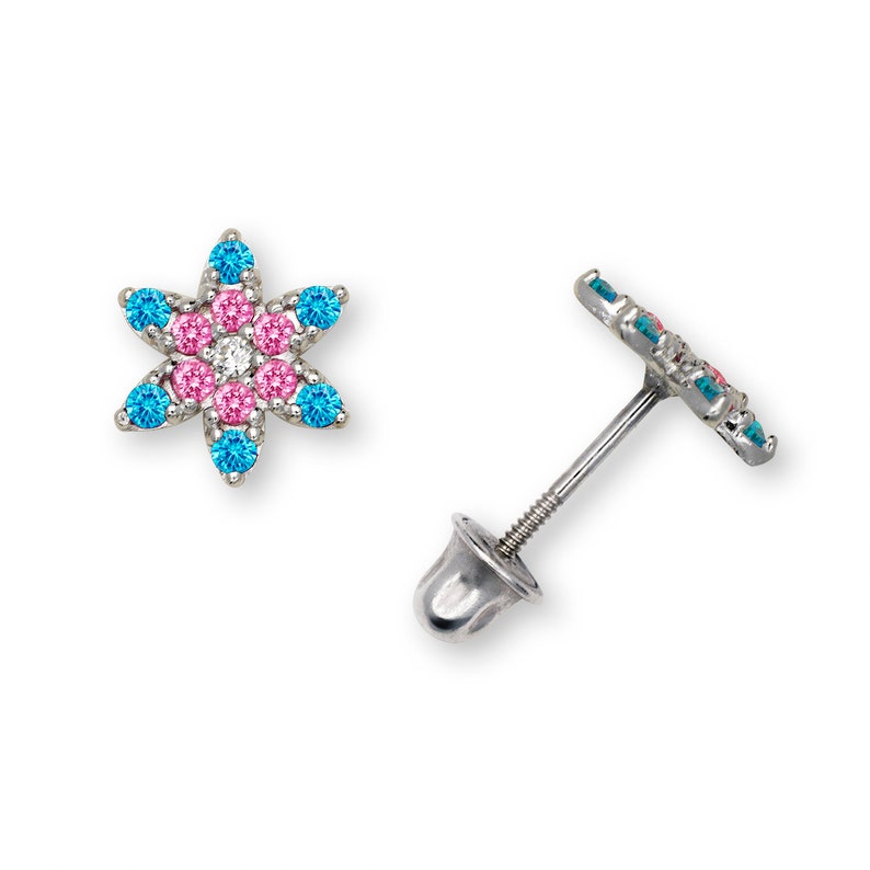Elaborate 14K Flower Stud Earrings with Screwback and Cubic Zirconia Yellow and White Gold