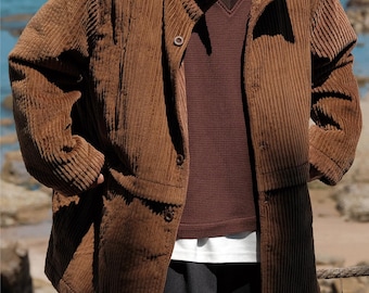 Brown Cotton Corduroy Jacket for Men • Vintage Stand Collar Warm Coat • Relaxed Fit Autumn Winter Outerwear