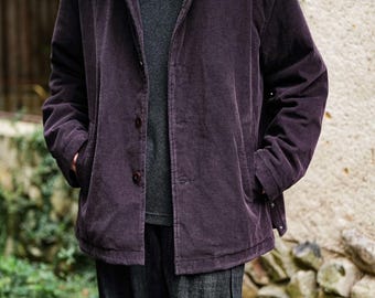 Unisex Purple Cotton Corduroy Jacket | Relaxed Fit Button Front Casual Outerwear
