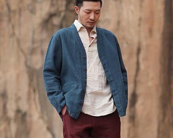 Men's Handmade Ramie Jacket: Japanese Tang Style Coat Lightweight Linen Duster