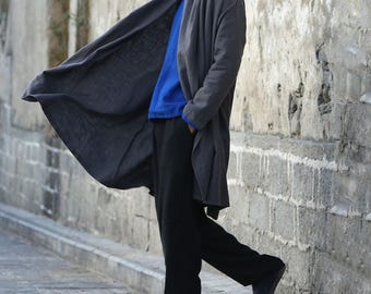 Men’s Japanese Tang Coat – Linen Blend Mid-Length Cloak Jacket, Vintage Oriental Trench for Autumn