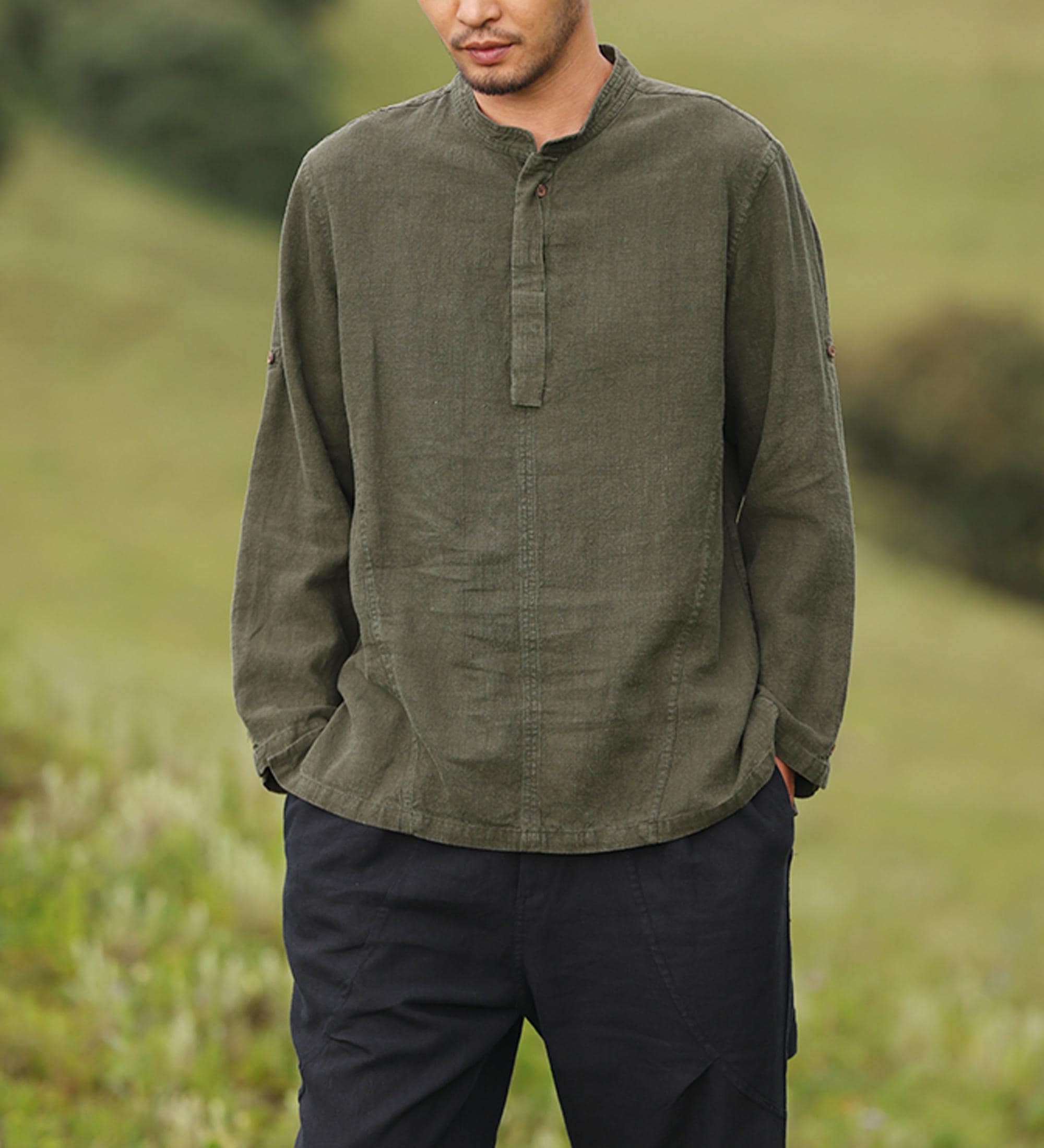 Men's Japanese Ramie Long Sleeve T-shirt: Breathable Bohemian