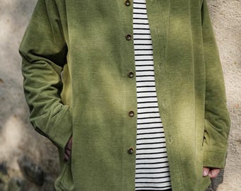 Camisa de terciopelo verde aguacate para hombre / Chaqueta estilo camisa de algodón retro