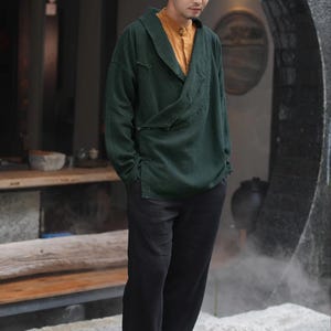 Herr Ramie Wrap Jacket | Japansk Zen Hanfu-kappa med lös passform och meditationskläder