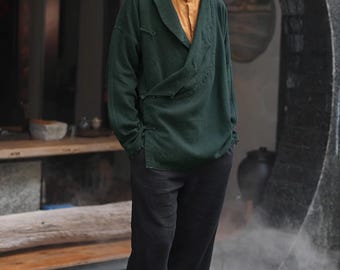 Men's Ramie Wrap Jacket | Japanese Zen Hanfu Coat Loose Fit Meditation Clothing