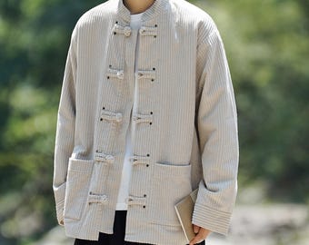 Chaqueta de pana para hombre: Abrigo de traje chino Tang vintage con botones de rana.