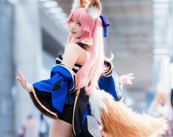 Tamamo no Mae cosplay fox ears，faux fur fox tail，fox ear headband，cosplay prop set，Faux Fur Animal Ears，Curved fox tail，furry cosplay