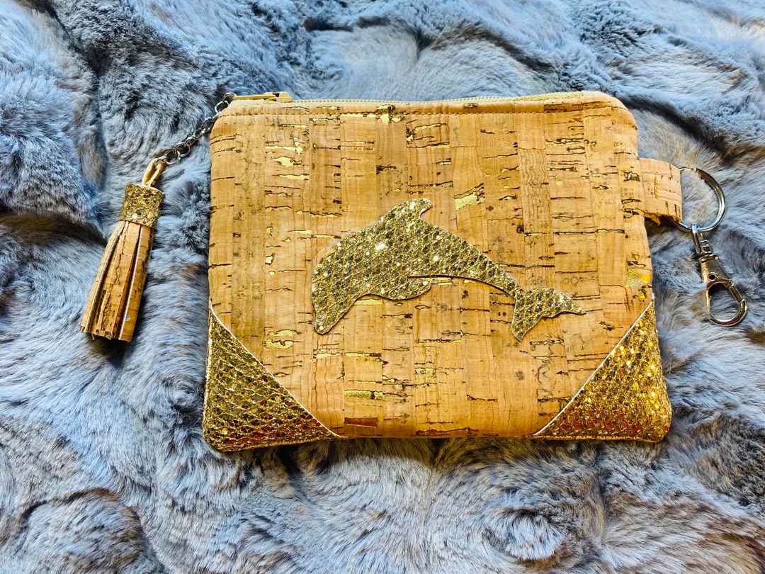 Cork Coin Purse With Glitter Gold Dolphin , Zippered Pouch, Clutch