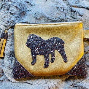 Monedero de silueta de Bull Dog con brillo gris oscuro, bolsa con cremallera, llavero, cartera de embrague