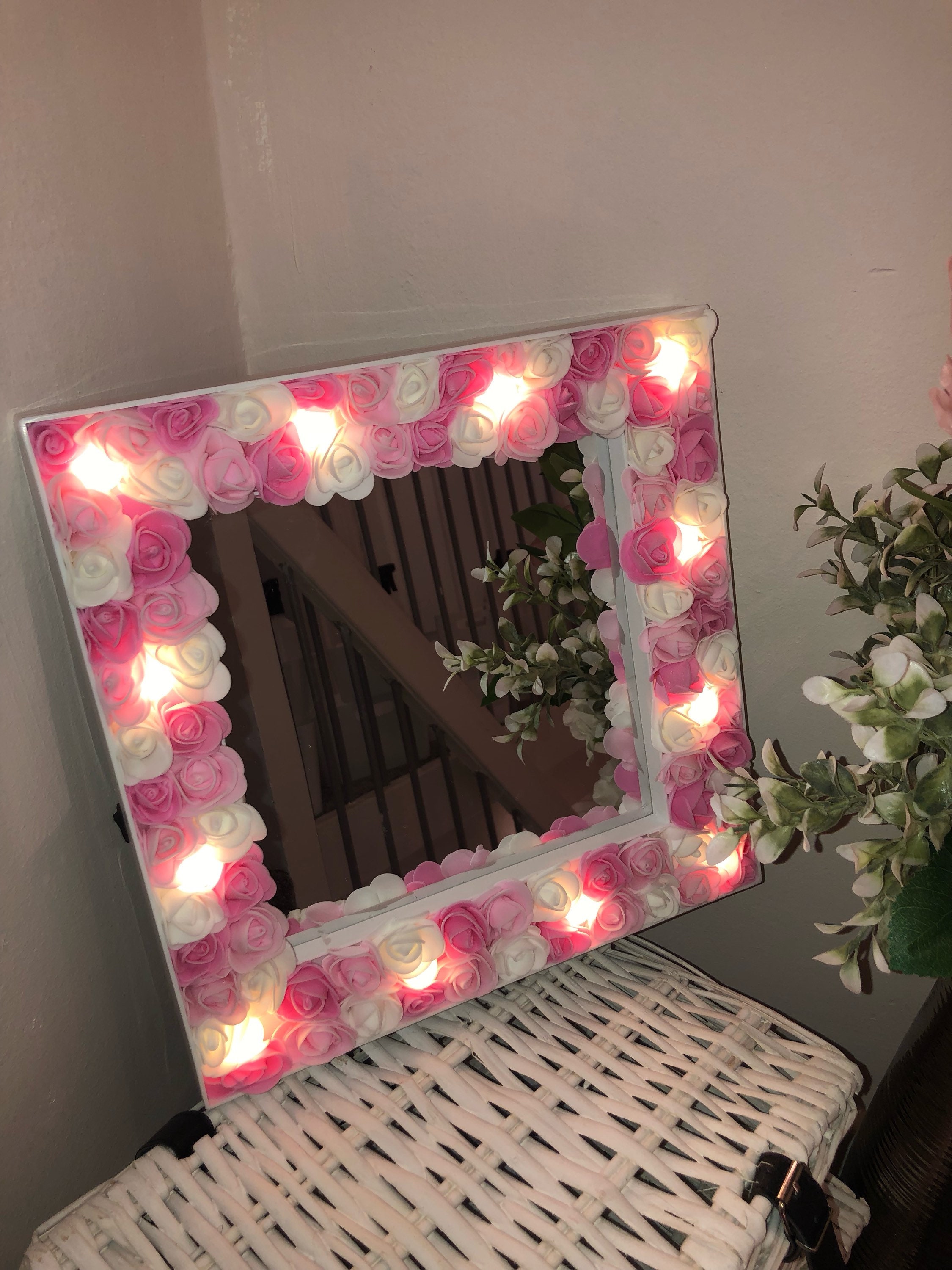 Flower filled light up mirror. Foam flowers. Floral decor. Etsy