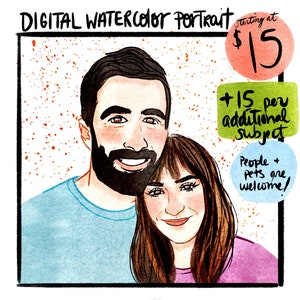 Custom Digital Watercolor Portrait Couple Portrait Family Portrait Digital Illustration Digital Download Cartoon Style Portrait image 1