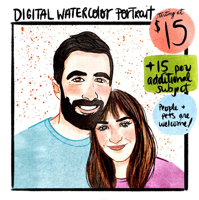 Custom Digital Watercolor Portrait Couple Portrait Family Portrait Digital Illustration Digital Download Cartoon Style Portrait image 1