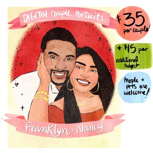 Full Color Watercolor Style Digital Couple Portrait Digital Download Only Couple Illustration Wedding Portrait Digital Art image 3