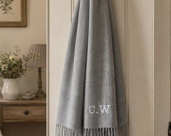 Embroidered Monogram Scarf: Personalized Initial Tassel Scarf , Personaliser scarf