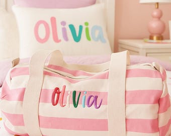 Personalised Kids Holdall: Striped Cotton Canvas Travel Bag, Kids weekend bag , Girls Weeknd bag , Boys weekend bag