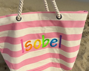 Personalisierte Canvas Strandtasche: Gestickter Name, Seil Griffe