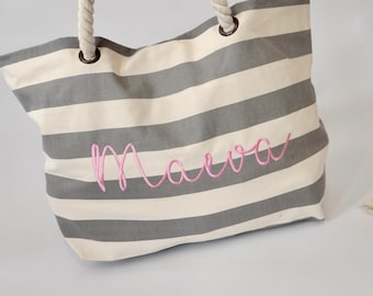 Personalized Striped Beach Bag: Embroidered Canvas Tote with Rope Handles