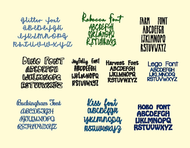 May include: A digital image showcasing ten different font styles. Each font style is displayed in a separate box with the name of the font style at the top and the alphabet in lowercase letters below. The font styles are: Glitter, Rebecca, Farm, Dino, Joyfully, Harvest, Lego, Buckingham, Kiss, and Hobo.