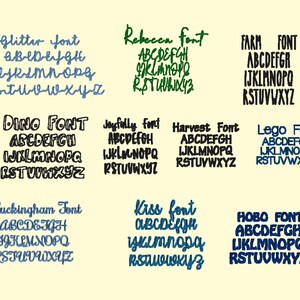 May include: A digital image showcasing ten different font styles. Each font style is displayed in a separate box with the name of the font style at the top and the alphabet in lowercase letters below. The font styles are: Glitter, Rebecca, Farm, Dino, Joyfully, Harvest, Lego, Buckingham, Kiss, and Hobo.