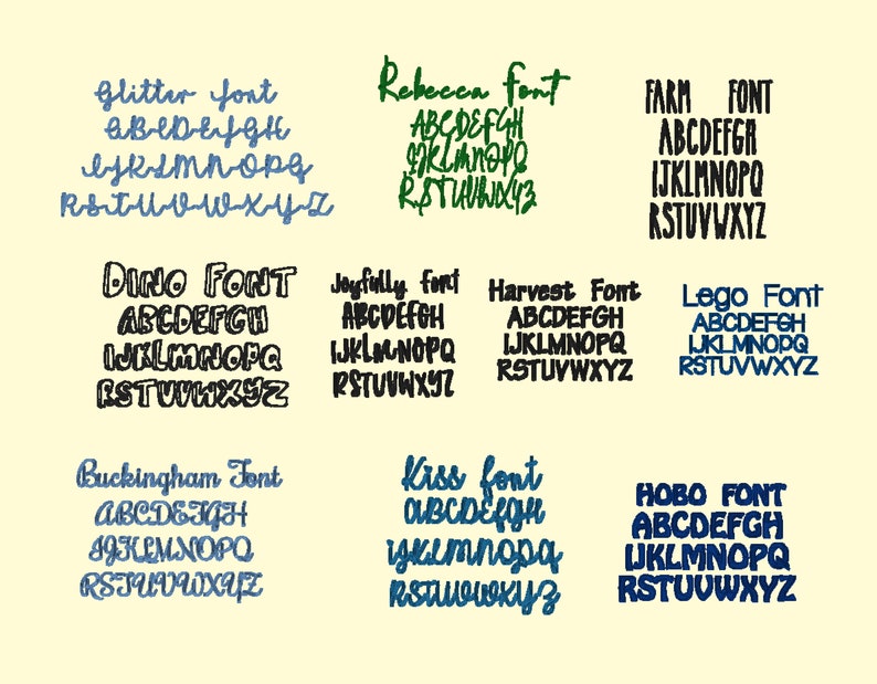 May include: A digital image showcasing ten different font styles. Each font style is displayed in a separate box with the name of the font style at the top and the alphabet in lowercase letters below. The font styles are: Glitter, Rebecca, Farm, Dino, Joyfully, Harvest, Lego, Buckingham, Kiss, and Hobo.