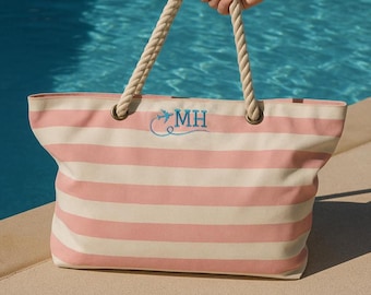 Personalisierte gestreifte Canvas Strandtasche: Bestickte Urlaubstasche