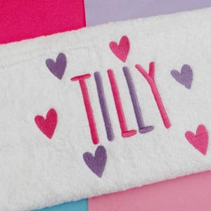 Personalised Kids Towel with Name –Embroidered Towels  – Embroidered Heart Motif – Soft White Cotton – Custom Girl’s Towel Gift - Kids Towel