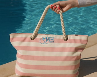 Personalisierte gestreifte Canvas Strandtasche: Bestickte Tasche mit Seilgriff
