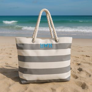Personalisierte gestreifte Strandtasche, Benutzerdefinierte Monogramm Seil Griff Tasche, Sommer Pool Tasche, Nautische Strandtasche Geschenk, Strandtaschen mit Namen