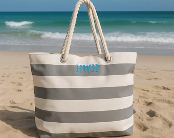 Personalized Striped Beach Tote Bag: Monogrammed Rope Handle Bag