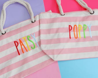 Personalisierte Gestreifte Strandtasche: Bestickte Canvas Tasche
