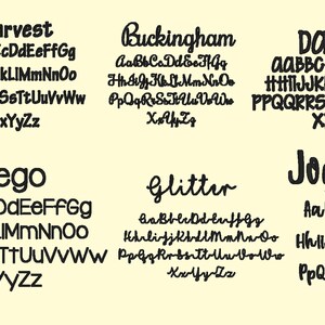 May include: A digital image showcasing ten different font styles, each with the alphabet in uppercase and lowercase letters. The fonts are named "Harvest", "Lego", "Buckingham", "Daisy", "Joyfully", and "Glitter".