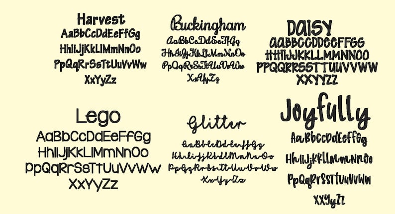 May include: A digital image showcasing ten different font styles, each with the alphabet in uppercase and lowercase letters. The fonts are named "Harvest", "Lego", "Buckingham", "Daisy", "Joyfully", and "Glitter".