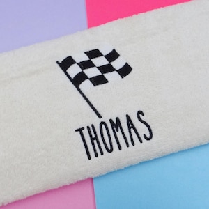 Personalised Racing Towel Gift , Boys Swimming Towels , Racing Car Gifts , Racing Flag Gift , Formula Car racing Gift , Embroidered Towels